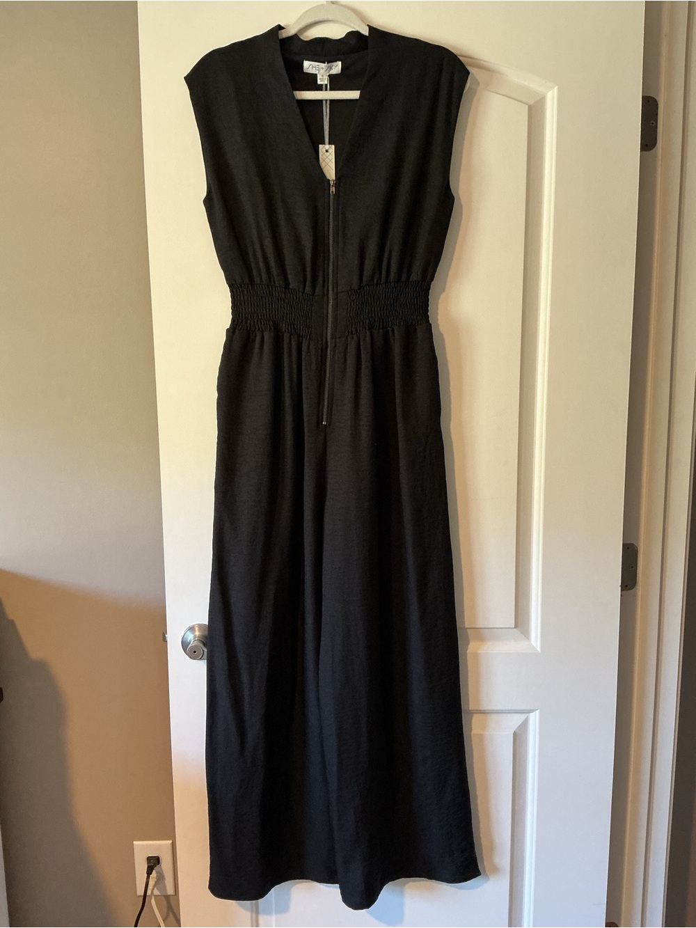 She + Sky Black Sleeveless Jumpsuit with Smocked Waist